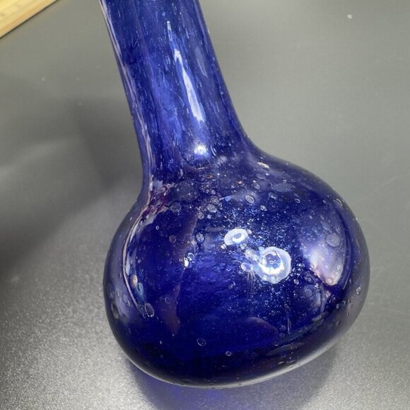 Vintage Egyptian Glass Cobalt Blue Mini Bud Vase Hand Blown With Air Bubbles VTG - Picture 5 of 11
